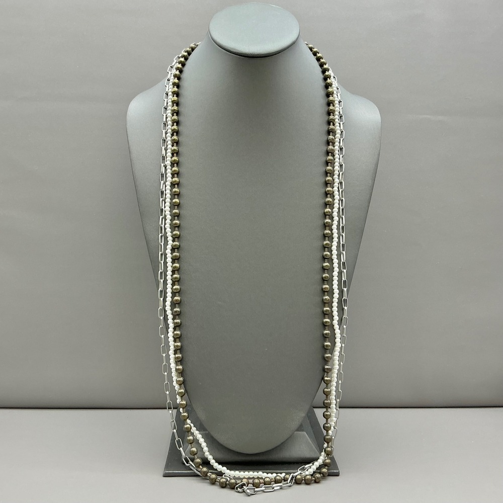 Chico's Necklace Women Gold White Layered Faux Pearl Paperclip Multi Strand